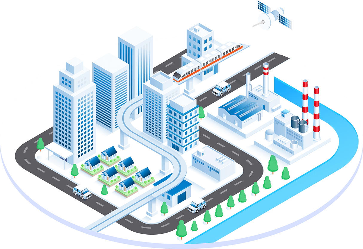 ビルや工場が並ぶ都市の俯瞰イラスト